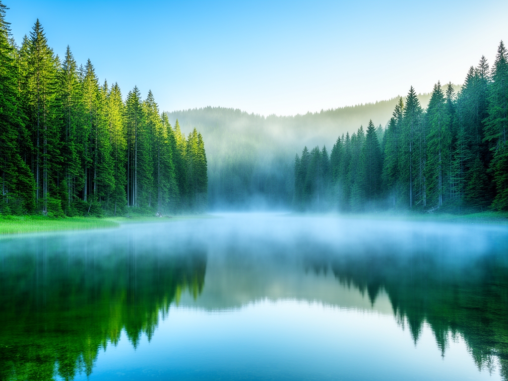 Planinsko jezero u zoru okruženo borovom šumom, magla koja se diže sa površine vode, intenzivne boje prirode u plavičasto-zelenim tonovima, atmosfera čistote i tišine