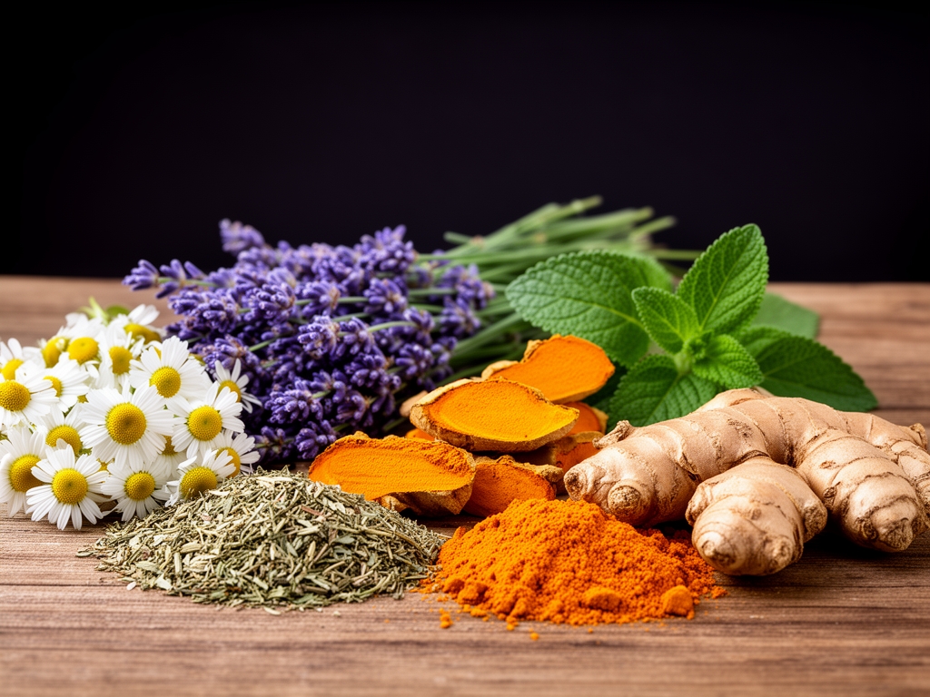 Krupni plan raznih sušenih bilja i biljnih ekstrakata raspoređenih na drvenom stolu: kamilica, lavanda, kurkuma, đumbir i list matičnjaka, tamna pozadina naglašava teksture i boje