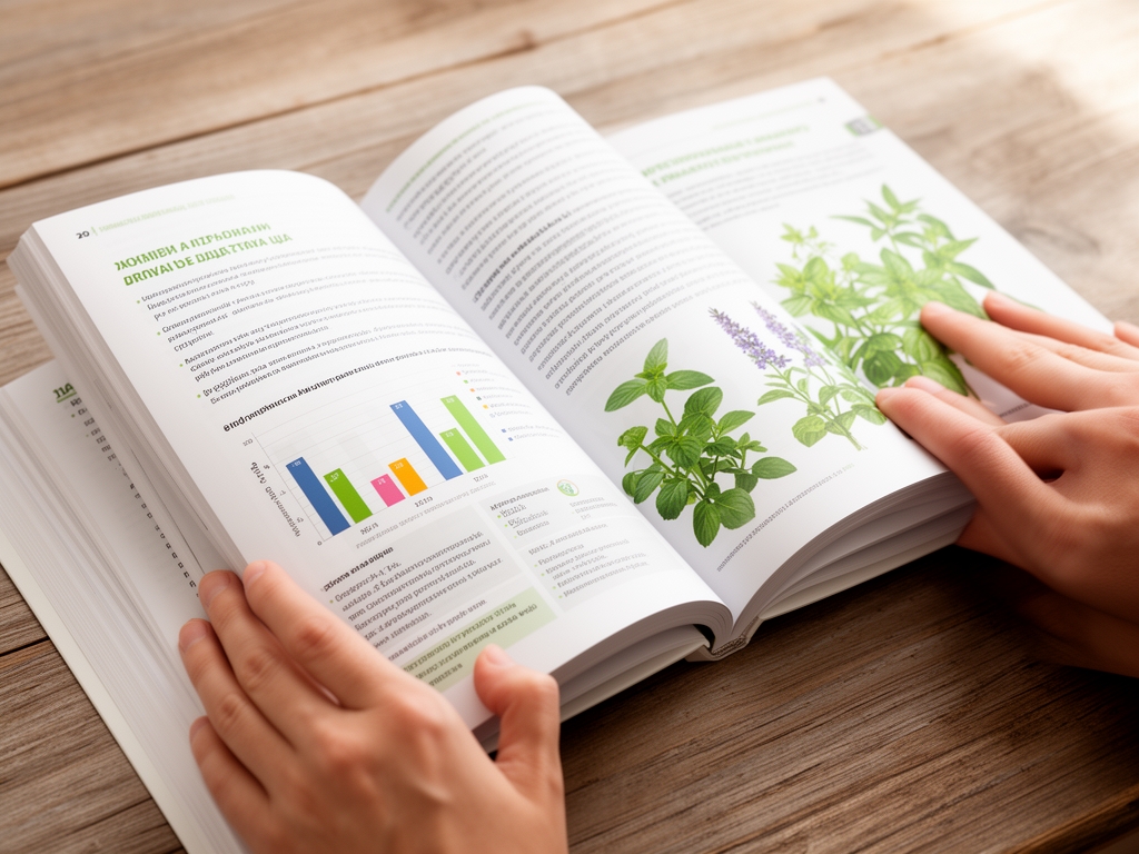 Ruke koje listaju stranice knjige o ishrani i zdravlju, vidljivi grafikoni i ilustracije biljaka, drvena površina, difuzno prirodno svetlo