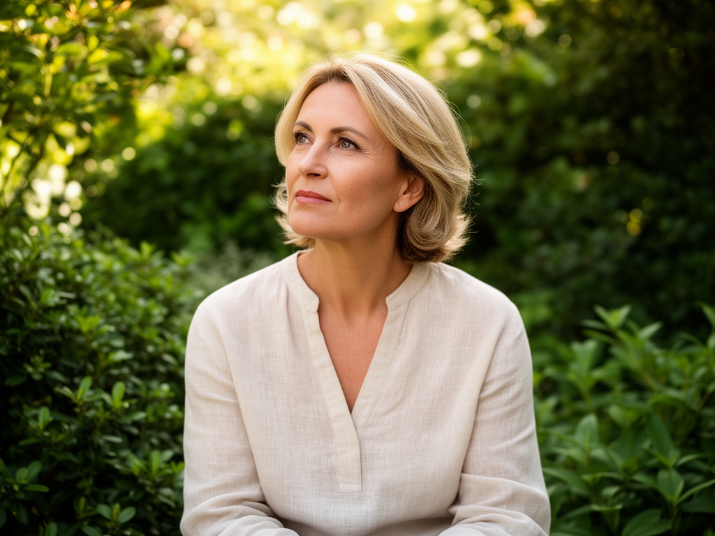 Žena srednje dobi, oko pedesetih godina, sedi u vrtu okružena zelenilom, nosi jednostavnu lanenu košulju, pogleda uprtog u daljinu sa mirnim izrazom lica, meko popodnevno svetlo