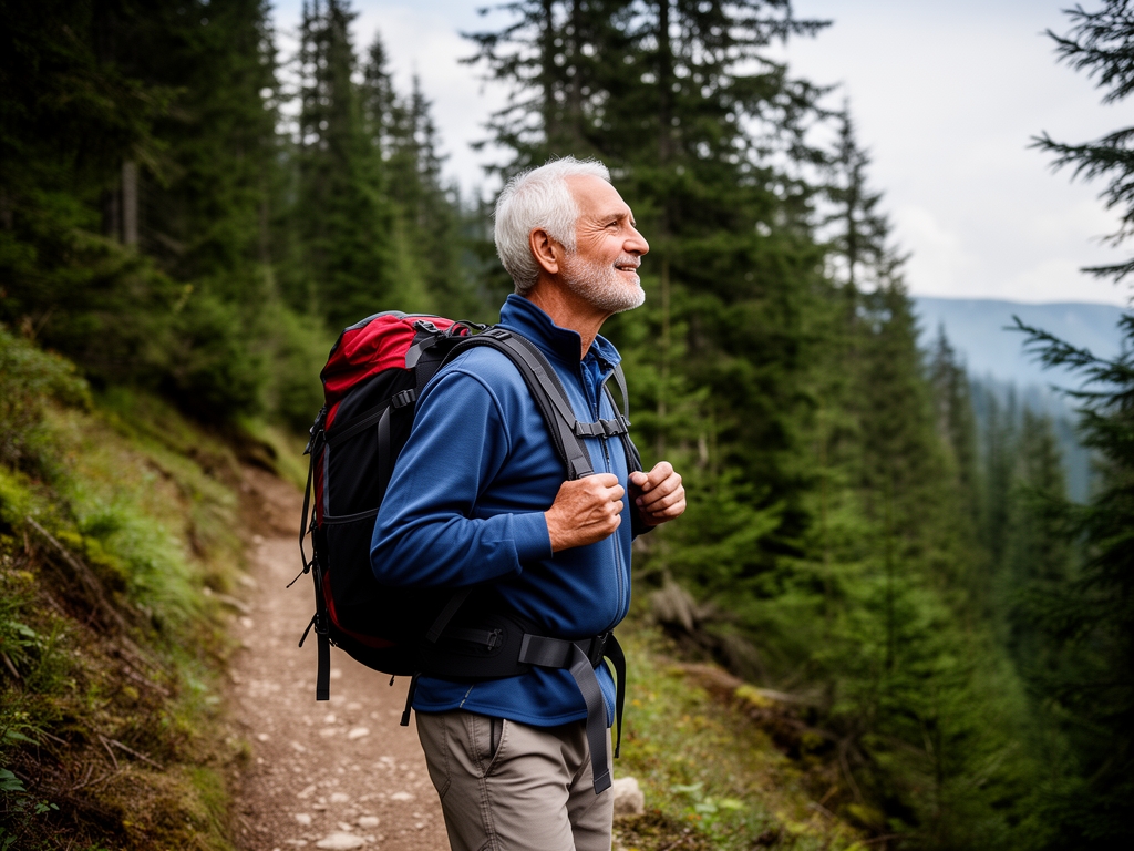 Stariji muškarac oko šezdeset godina, šeta planinskom stazom, ruksak na leđima, okružen šumom, pogled usmeren prema horizontu, aktivni i vedri izgled