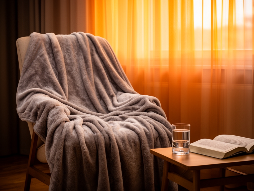 Miran kutić za odmor, mekana deka na fotelji pokraj prozora, čaša vode i knjiga na stolu, topla boja večernjeg svetla koja se prelijeva kroz zavese